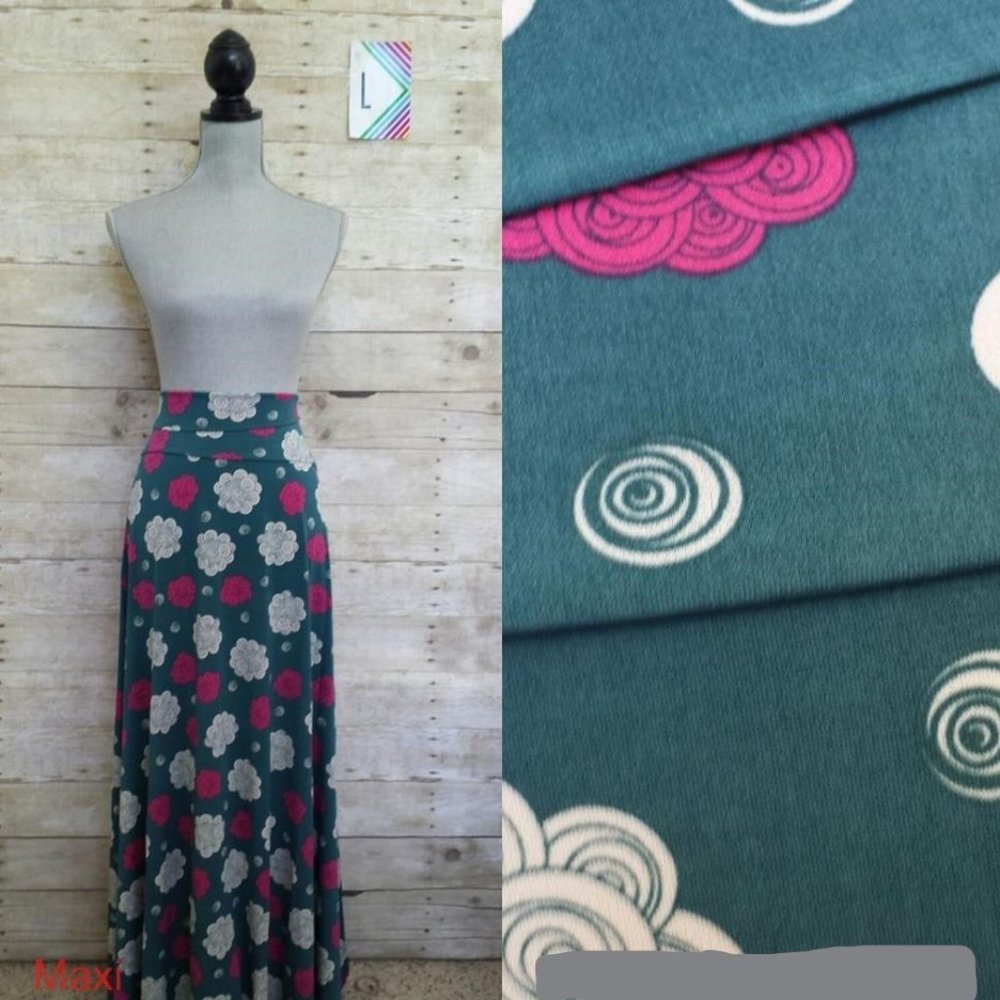 NWT LuLaRoe Maxi Skirt/Dress L - Cream & Fushia Flower Swirls on Green
